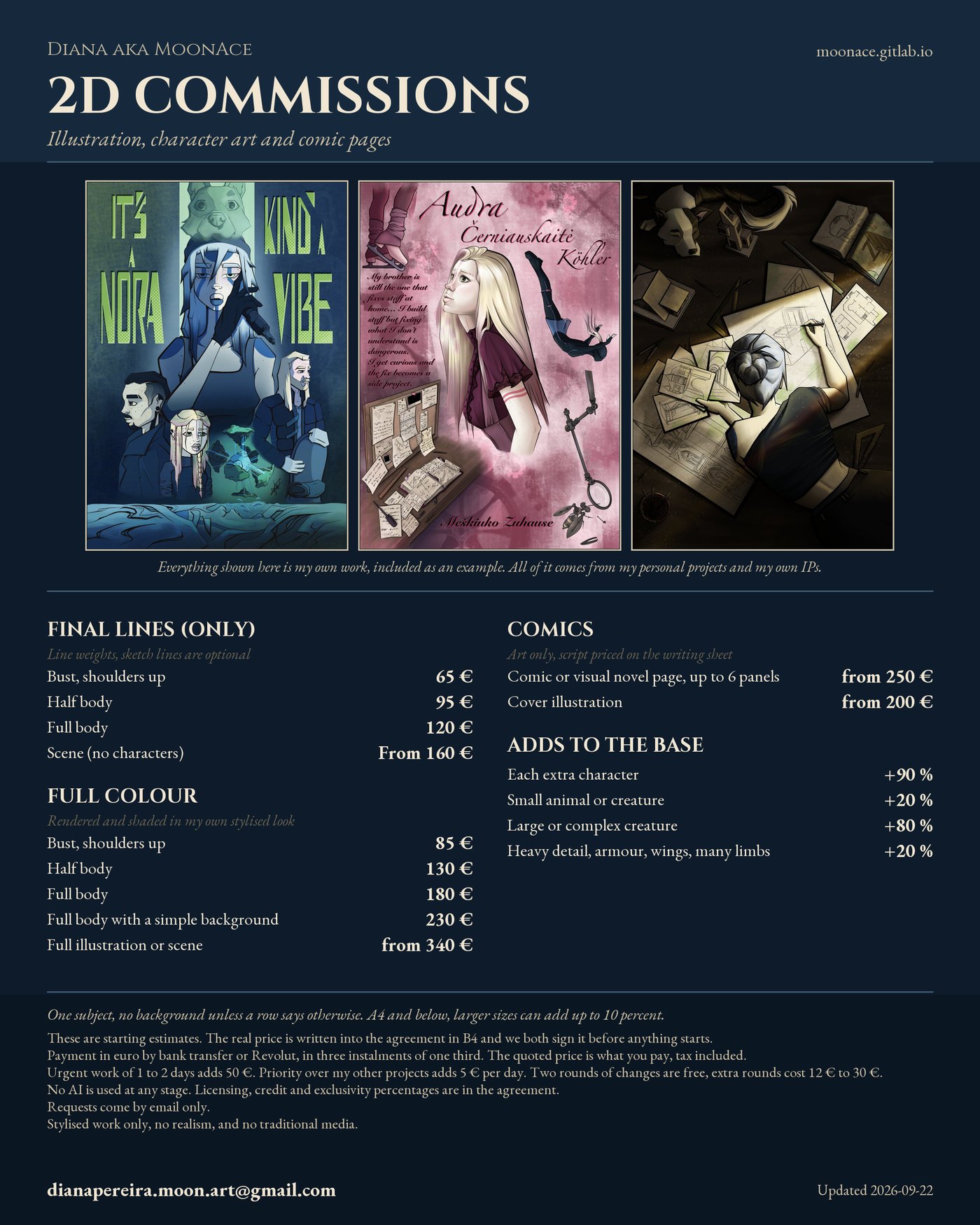 Price sheet for 2D illustration, character art and comic pages