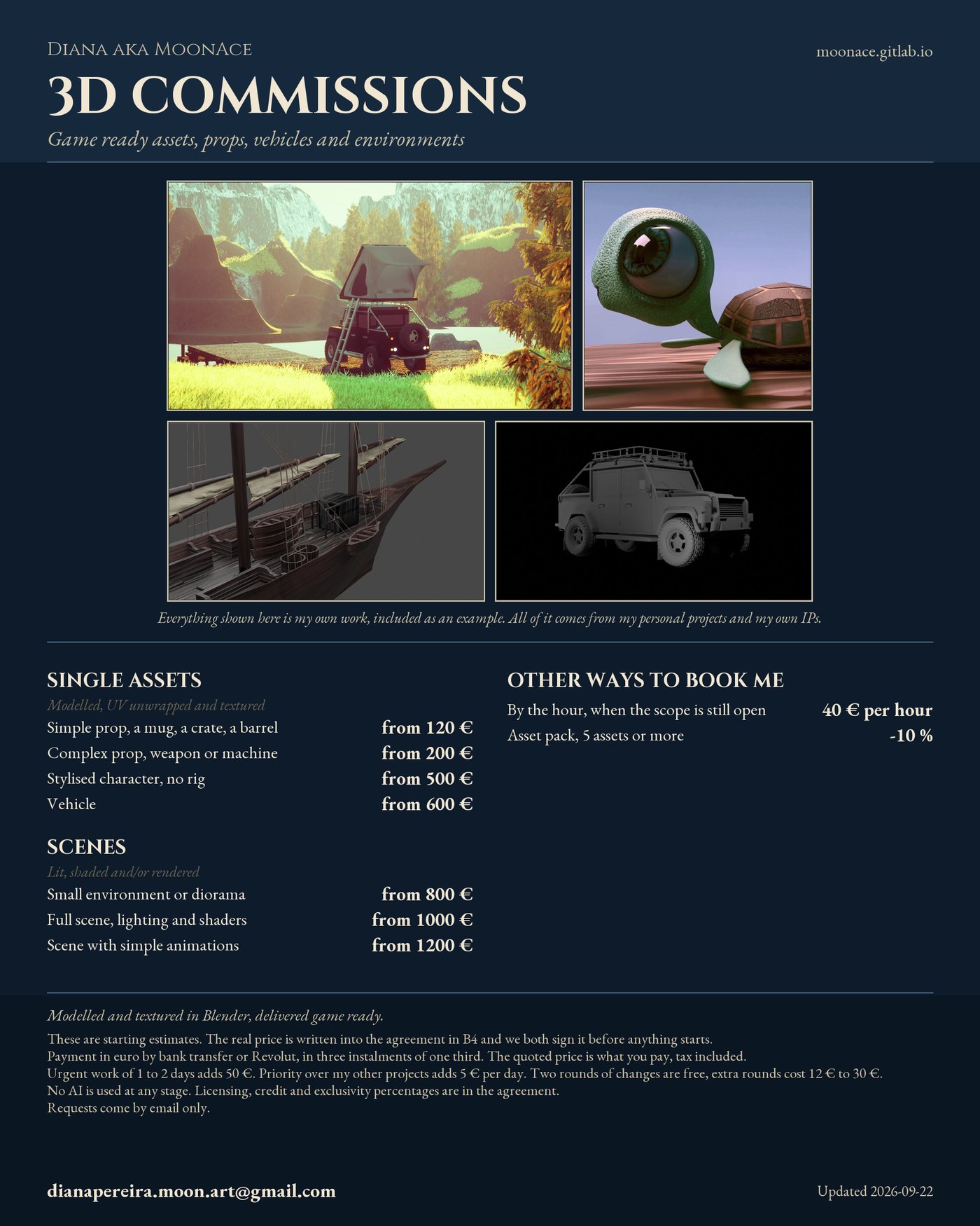 Price sheet for 3D assets, props, vehicles and environments