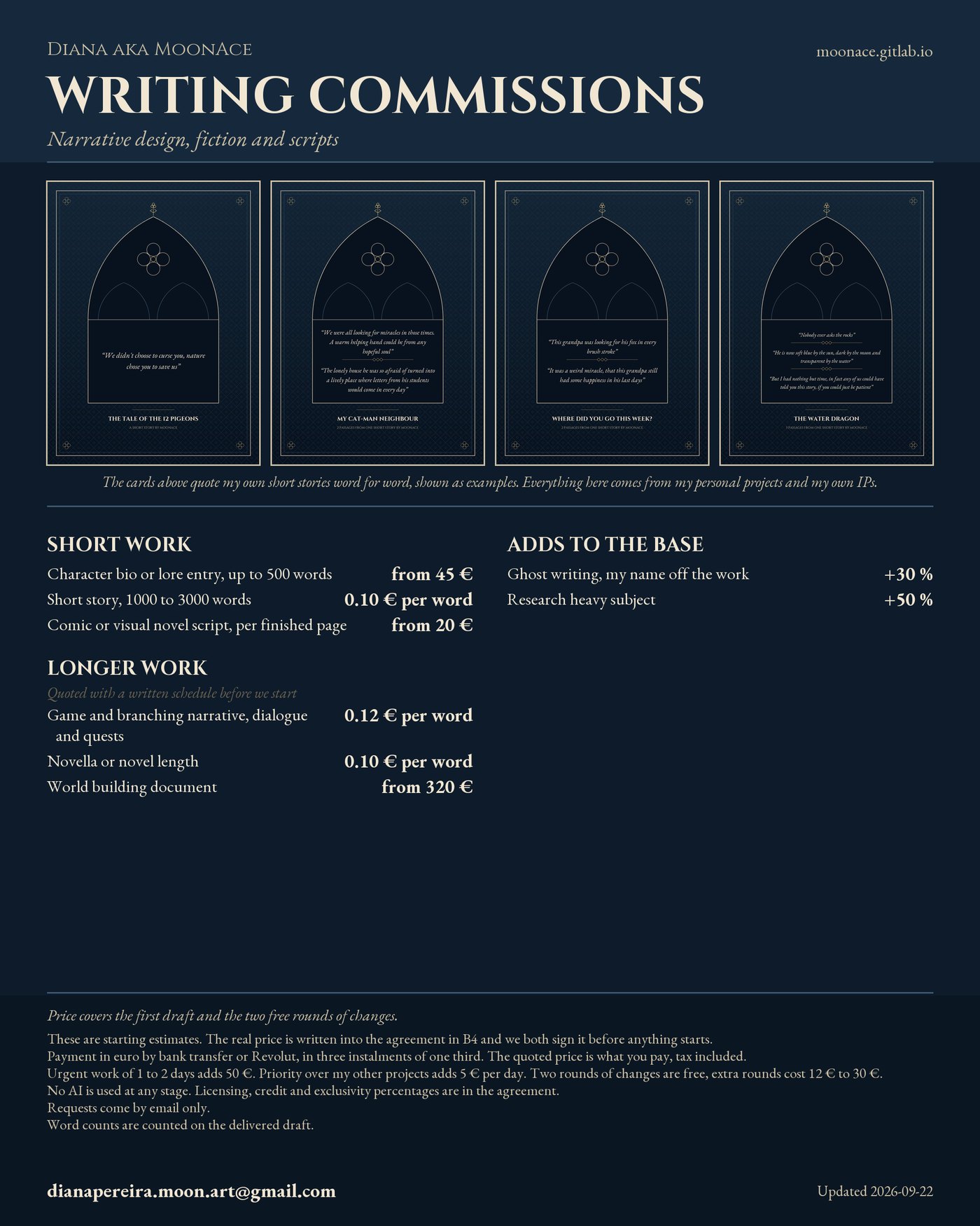 Price sheet for narrative design, fiction and scripts